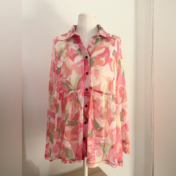 Terra & Sky Tops - Terra & Sky Pink Floral Pink & Green Sheer Button Down Tunic | Size 0X